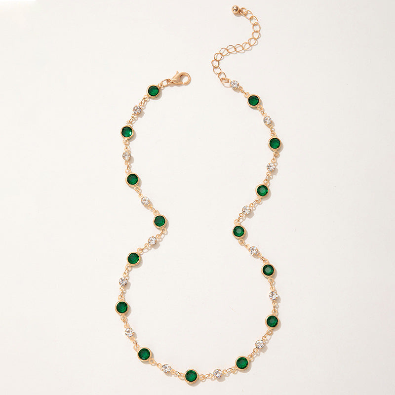 Wholesale Green Zircon Niche Personality Retro Diamond Short Necklace Clavicle Chain